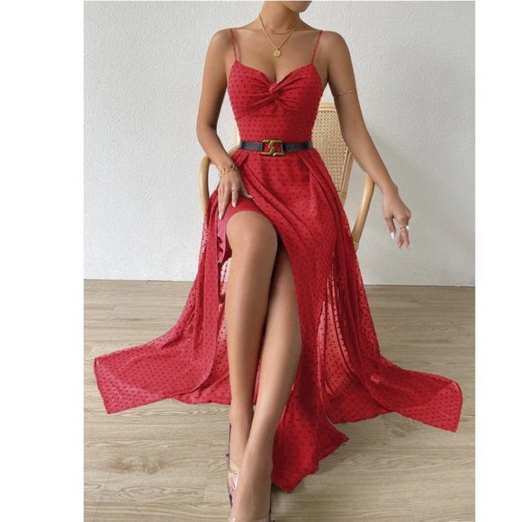 Swiss Dot Cami Maxi Dress RED - Picture 3 of 9